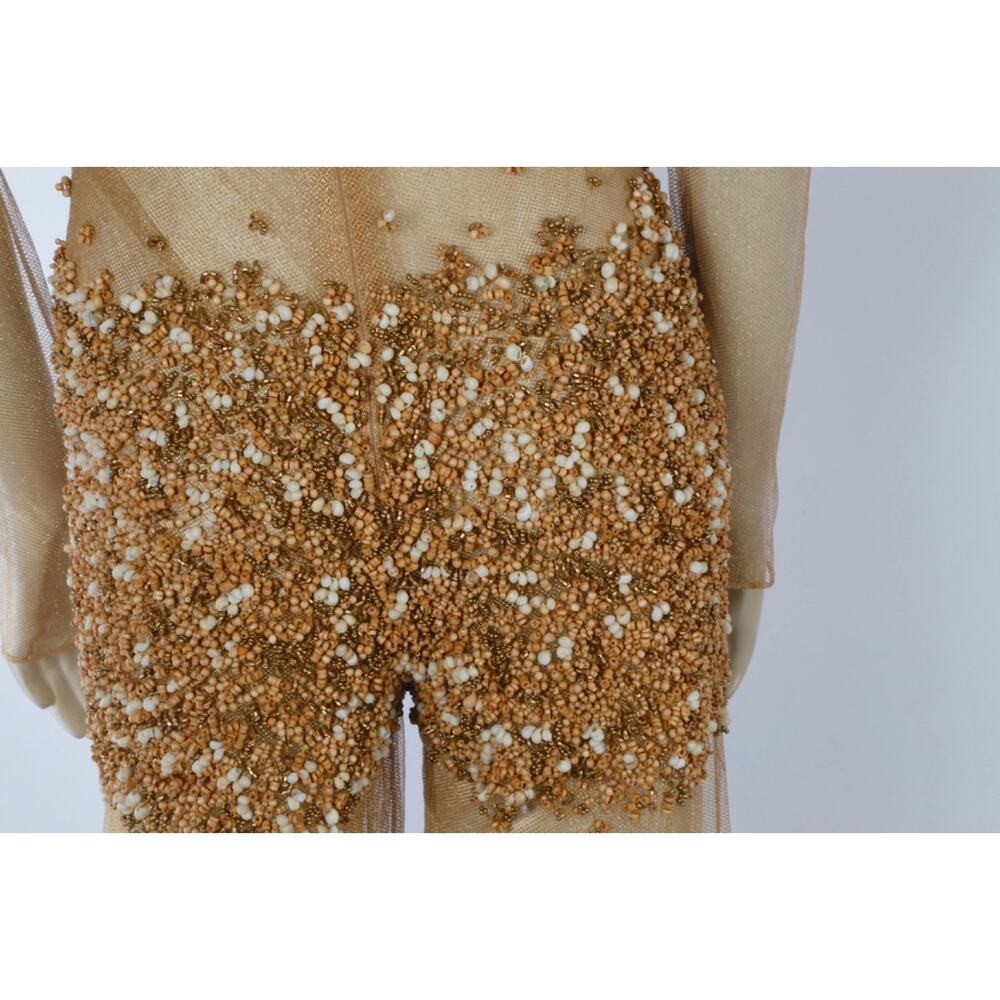 VTG One of a Kind Couture Jumpsuit Sheer Metallic Gold Beaded Wide Leg Designer - Picture 16 of 16